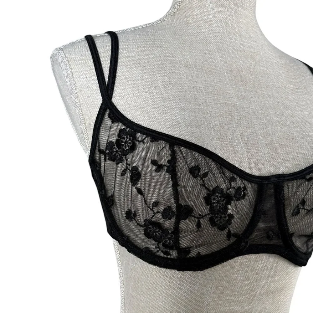 Victoria’s Secret Black Sexy Sheer Lace Embroidered Balconette Underwire Bra